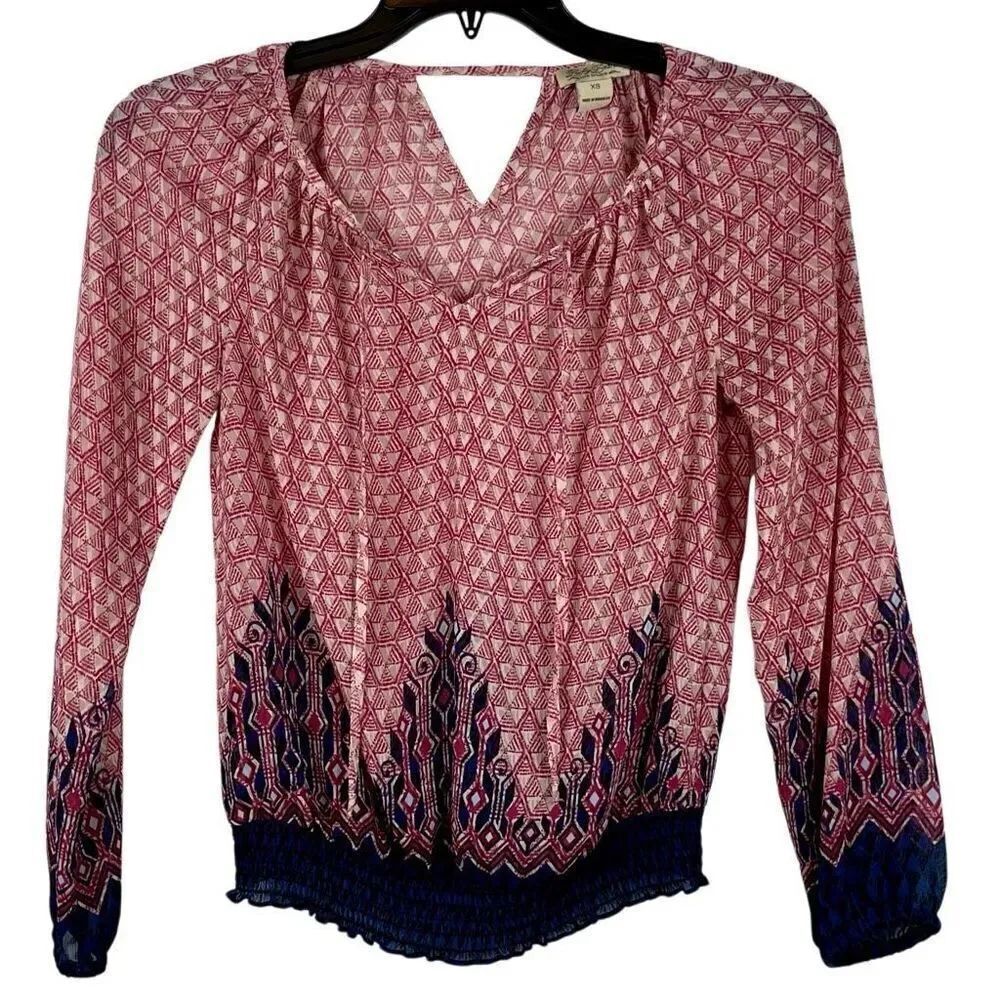 Lucky Brand Western Print V-neck Long Sleeve Blouse XS
